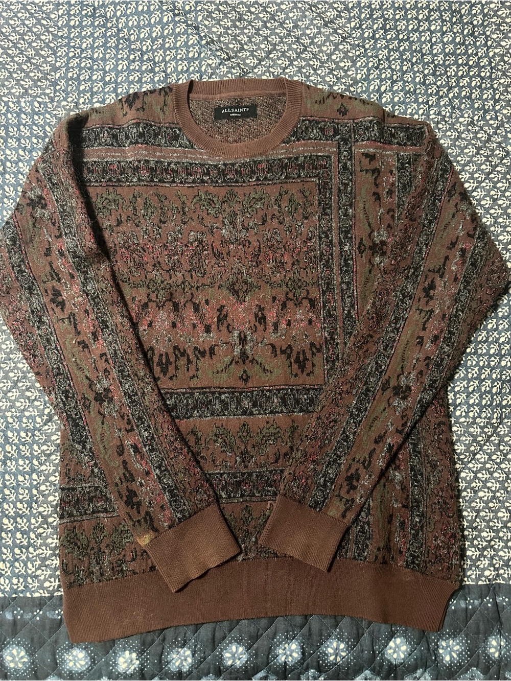 All Saints Mens Purple/Brown Patterned Crewneck Sweater